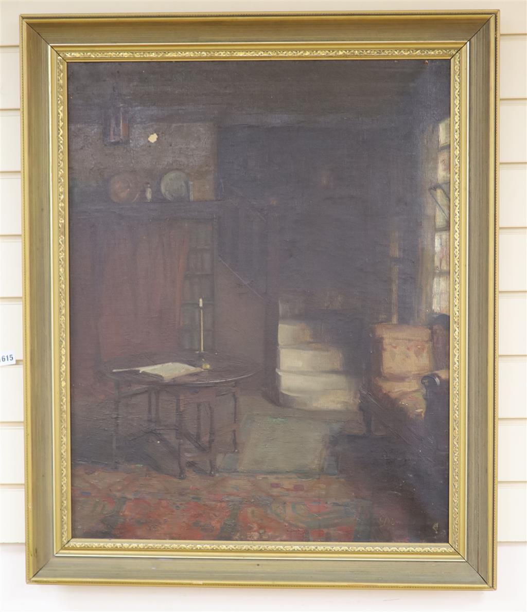 Victorian School, oil on canvas, Interior with gateleg table and lit candle, indistinctly signed, E.S.K. stamp verso, 75 x 60cm